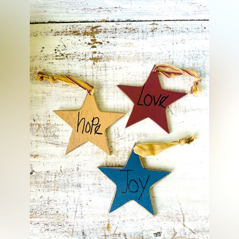 *Joy, Love, Hope Primitive Star Ornaments Set of 3